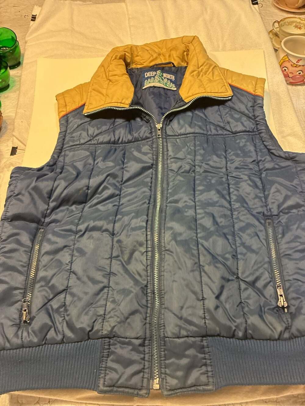 VTG 80s Deep North Quilted Puffer Vest Blue Tan Yoke
